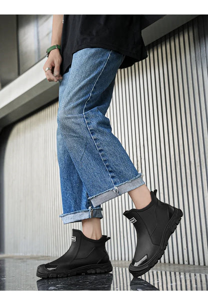 Botas de lluvia impermeables de PVC para hombre – Zapatos de trabajo antideslizantes para exteriores, estilo botín sin cordones