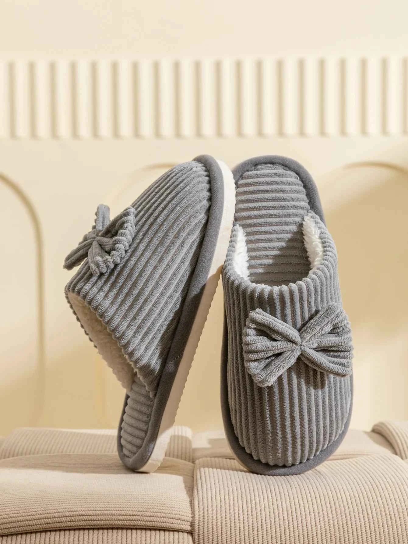 Bow Plush Home Slippers – Cozy Soft Comfort Slides