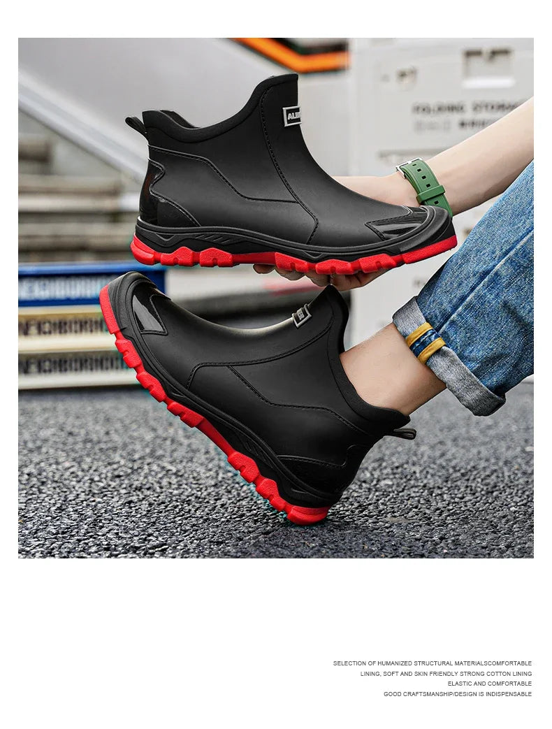 Botas de lluvia impermeables de PVC para hombre – Zapatos de trabajo antideslizantes para exteriores, estilo botín sin cordones