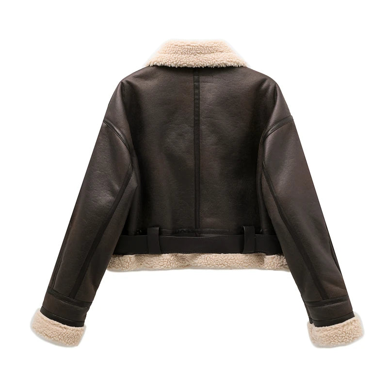 Chaqueta de piel sintética de borrego Loom & Soul – Abrigo de invierno cálido vintage con cinturón para mujer