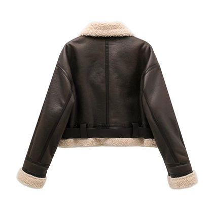 Chaqueta de piel sintética de borrego Loom & Soul – Abrigo de invierno cálido vintage con cinturón para mujer
