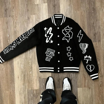 Chaqueta bordada gótica Y2K Loom & Soul – Abrigo de moto hip-hop oversized