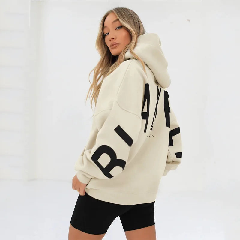 Sudadera con capucha informal estampada para mujer – Suéter de ajuste holgado para otoño e invierno