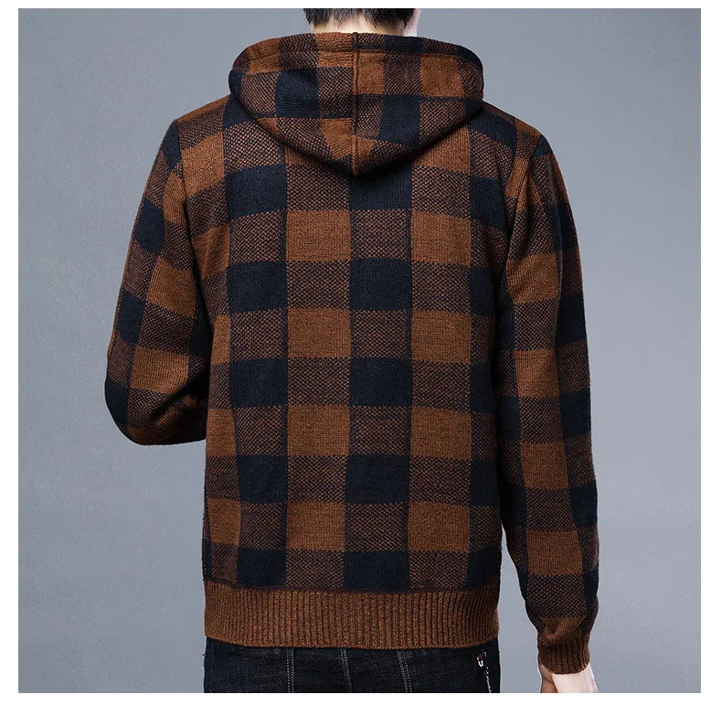 Veste en polaire tricotée à carreaux Loom & Soul pour homme – Cardigan d'hiver de luxe à capuche
