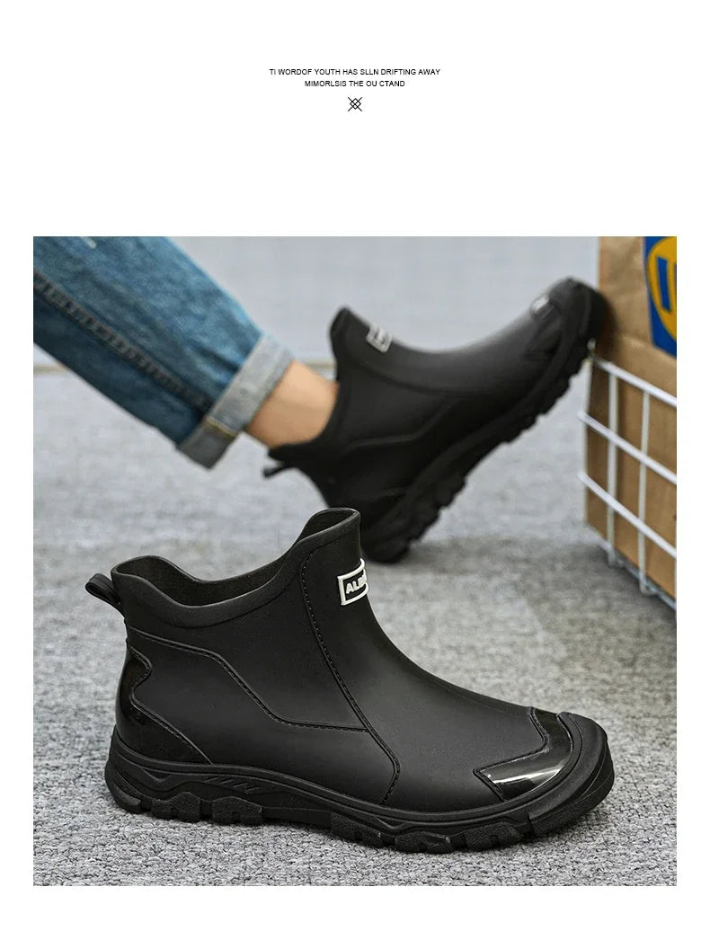Botas de lluvia impermeables de PVC para hombre – Zapatos de trabajo antideslizantes para exteriores, estilo botín sin cordones