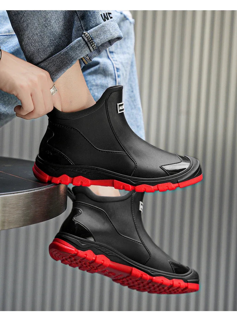 Botas de lluvia impermeables de PVC para hombre – Zapatos de trabajo antideslizantes para exteriores, estilo botín sin cordones