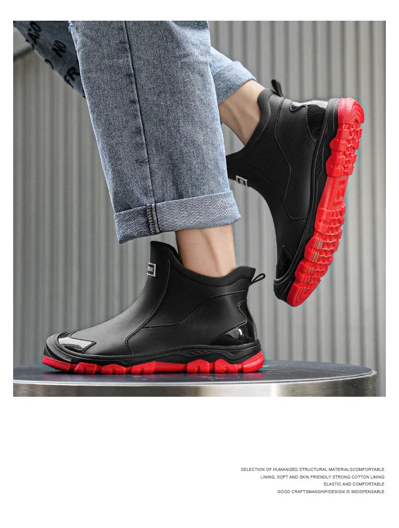 Botas de lluvia impermeables de PVC para hombre – Zapatos de trabajo antideslizantes para exteriores, estilo botín sin cordones