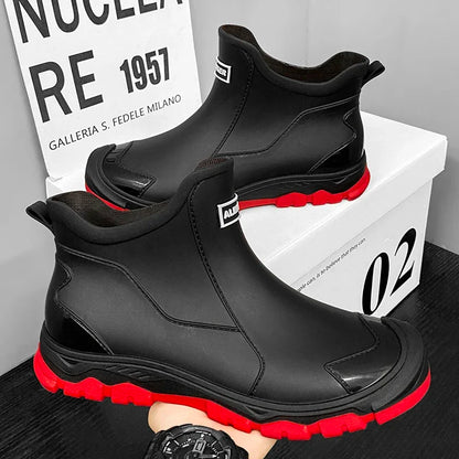 Botas de lluvia impermeables de PVC para hombre – Zapatos de trabajo antideslizantes para exteriores, estilo botín sin cordones