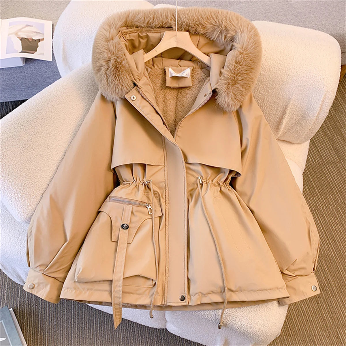 Parka con capucha para mujer Loom & Soul – Chaqueta de invierno coreana acolchada con cordón ajustable