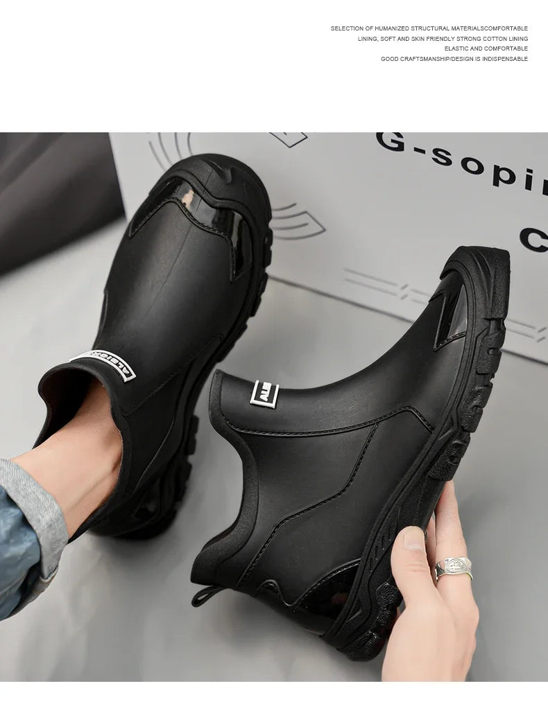 Botas de lluvia impermeables de PVC para hombre – Zapatos de trabajo antideslizantes para exteriores, estilo botín sin cordones