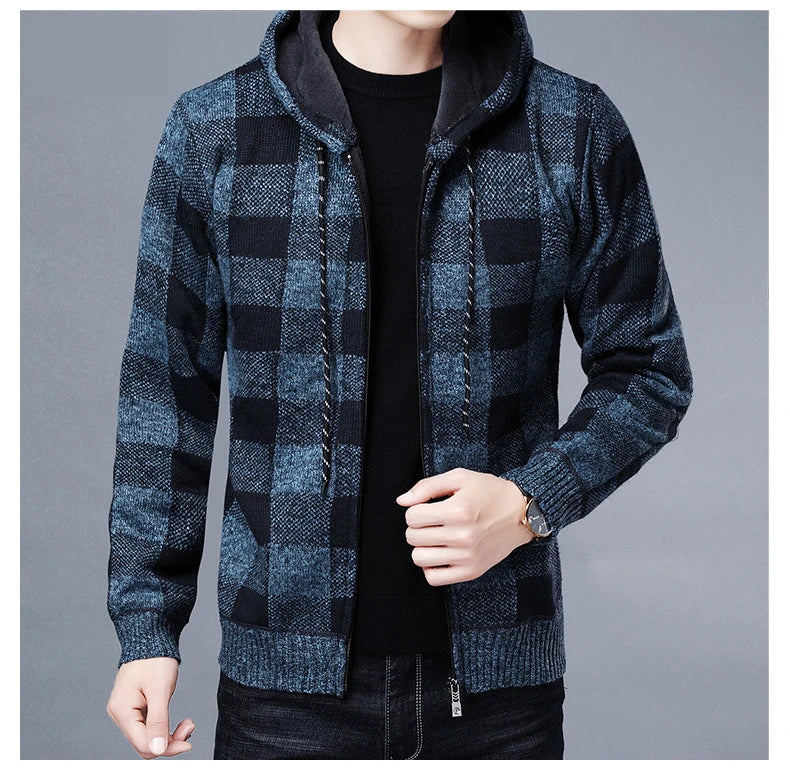 Veste en polaire tricotée à carreaux Loom & Soul pour homme – Cardigan d'hiver de luxe à capuche
