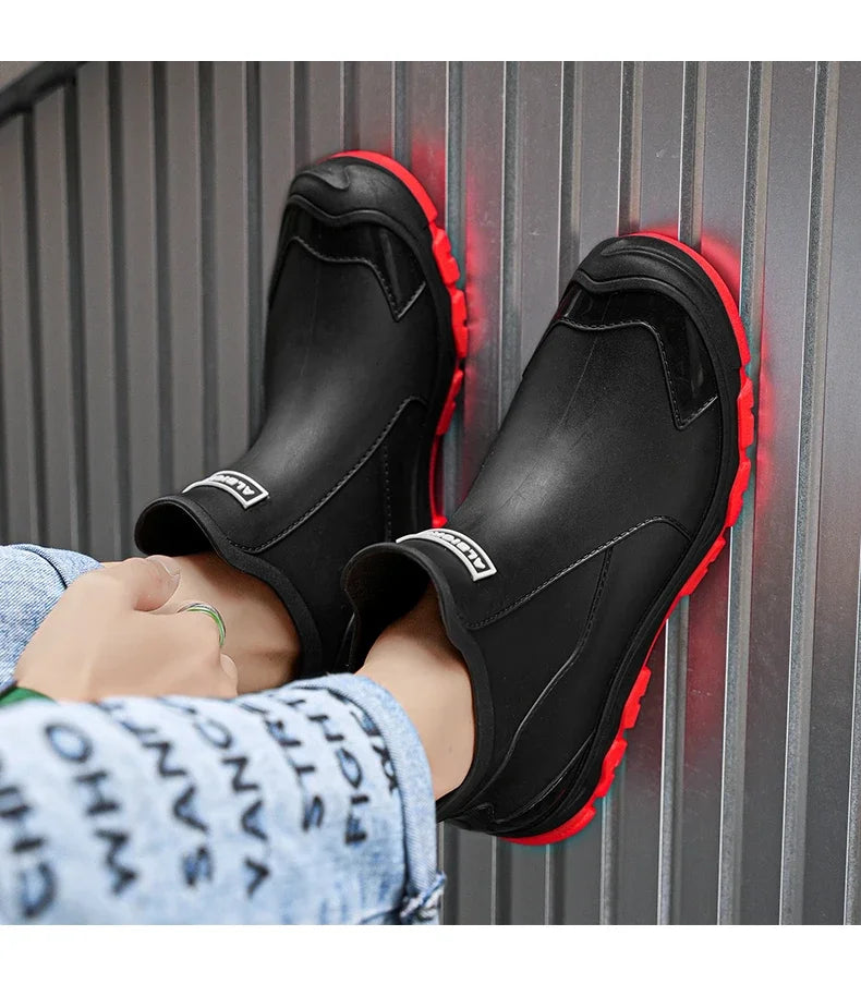 Botas de lluvia impermeables de PVC para hombre – Zapatos de trabajo antideslizantes para exteriores, estilo botín sin cordones