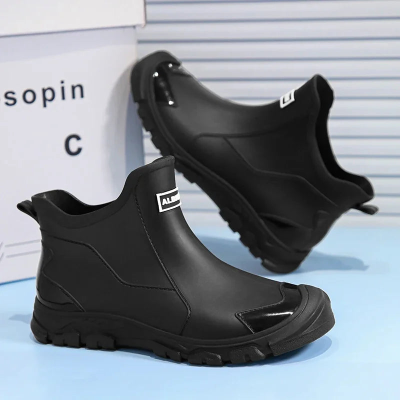 Botas de lluvia impermeables de PVC para hombre – Zapatos de trabajo antideslizantes para exteriores, estilo botín sin cordones
