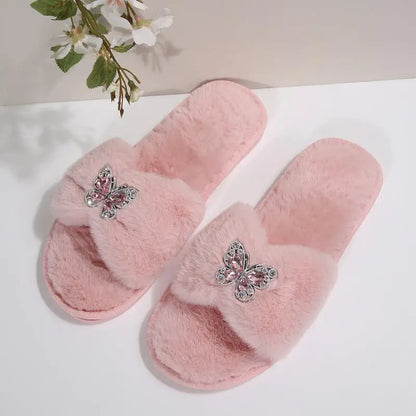 Women’s Glitter Butterfly Fur Slides – Cozy Luxury Slippers