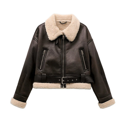 Chaqueta de piel sintética de borrego Loom & Soul – Abrigo de invierno cálido vintage con cinturón para mujer