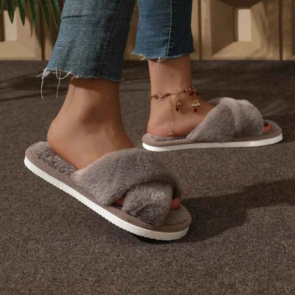 Cross Strap Faux Fur Slippers – Cozy Plush Home Comfort