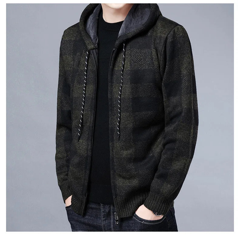 Veste en polaire tricotée à carreaux Loom & Soul pour homme – Cardigan d'hiver de luxe à capuche