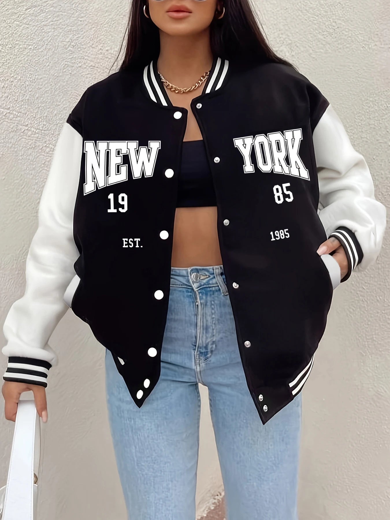 Chaqueta Béisbol Mujer Loom & Soul "New York 1985" – Abrigo de Streetwear Hip Hop