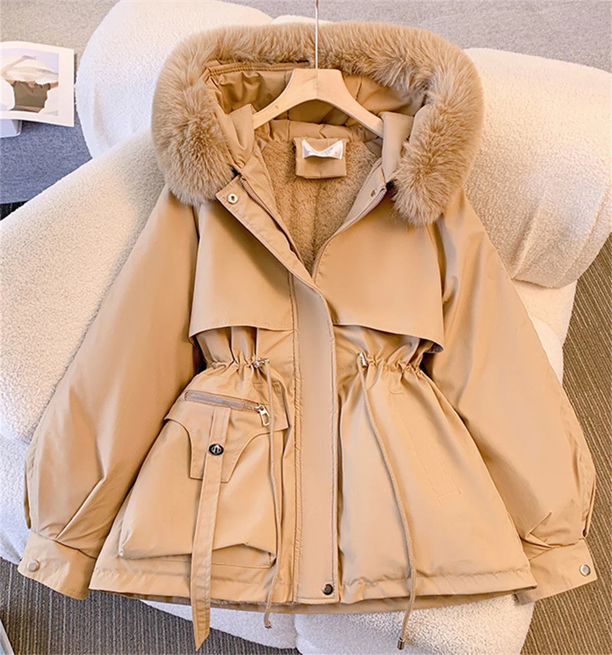 Parka con capucha para mujer Loom & Soul – Chaqueta de invierno coreana acolchada con cordón ajustable