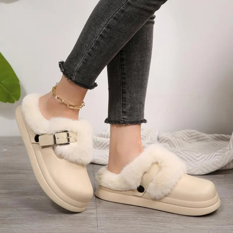 Women’s Waterproof Platform Fur Clogs – Cozy Winter Slip-On