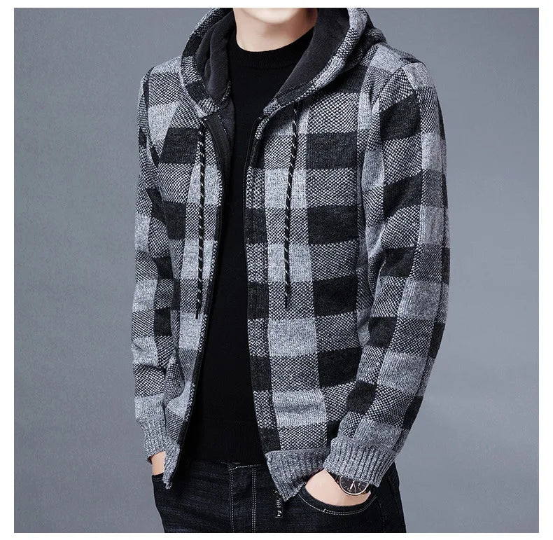 Veste en polaire tricotée à carreaux Loom & Soul pour homme – Cardigan d'hiver de luxe à capuche