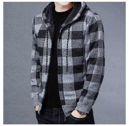 Veste en polaire tricotée à carreaux Loom & Soul pour homme – Cardigan d'hiver de luxe à capuche