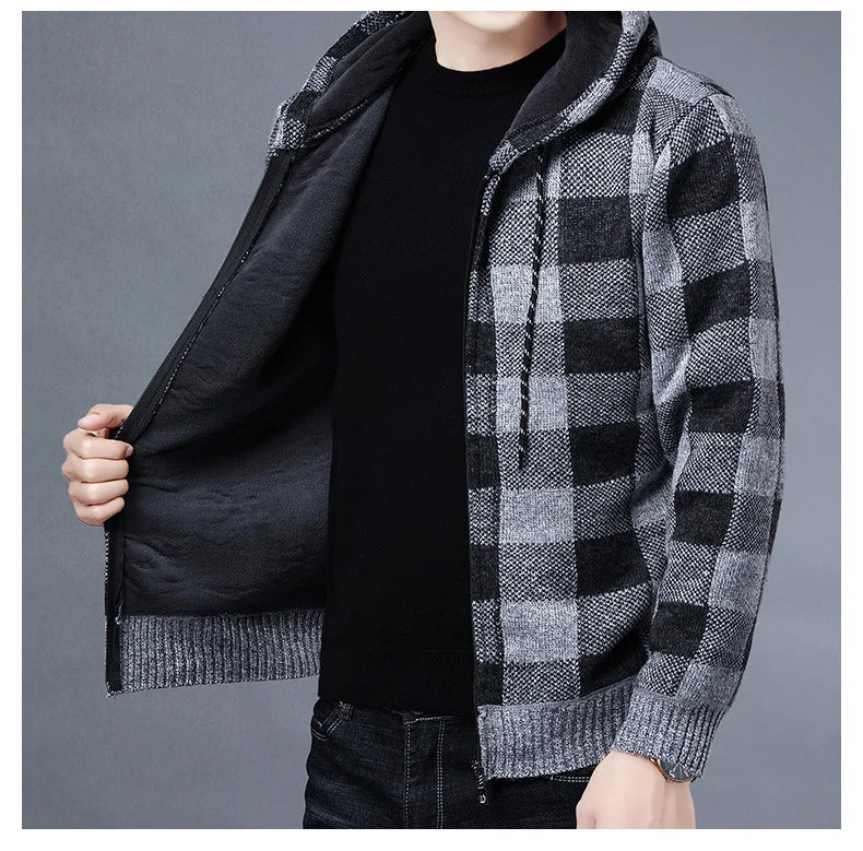 Veste en polaire tricotée à carreaux Loom & Soul pour homme – Cardigan d'hiver de luxe à capuche