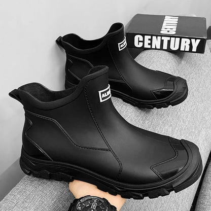 Botas de lluvia impermeables de PVC para hombre – Zapatos de trabajo antideslizantes para exteriores, estilo botín sin cordones