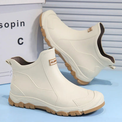 Botas de lluvia impermeables de PVC para hombre – Zapatos de trabajo antideslizantes para exteriores, estilo botín sin cordones