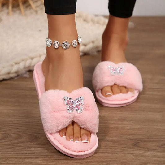 Women’s Glitter Butterfly Fur Slides – Cozy Luxury Slippers