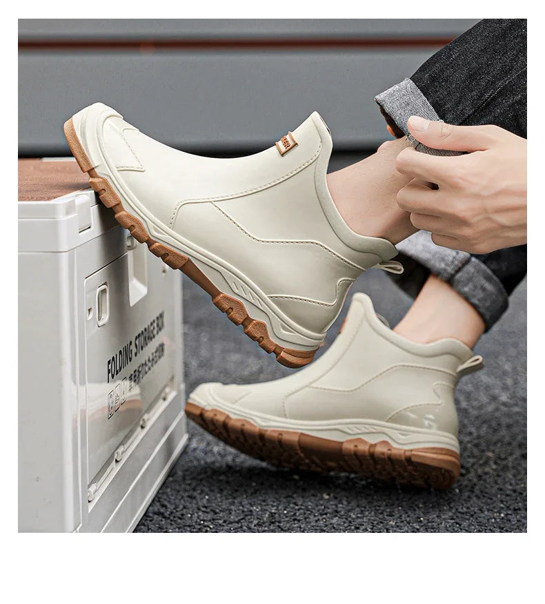 Botas de lluvia impermeables de PVC para hombre – Zapatos de trabajo antideslizantes para exteriores, estilo botín sin cordones
