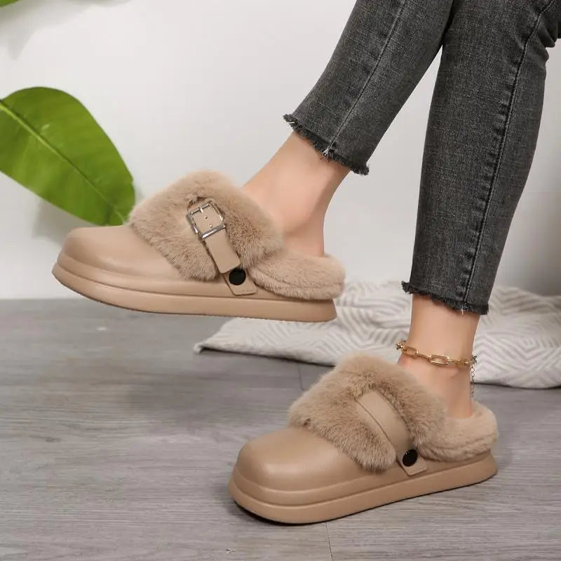 Women’s Waterproof Platform Fur Clogs – Cozy Winter Slip-On