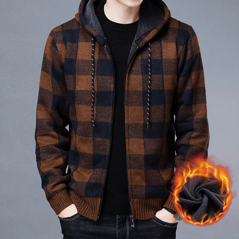 Veste en polaire tricotée à carreaux Loom & Soul pour homme – Cardigan d'hiver de luxe à capuche