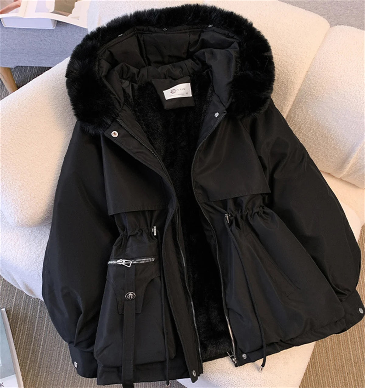 Parka con capucha para mujer Loom & Soul – Chaqueta de invierno coreana acolchada con cordón ajustable