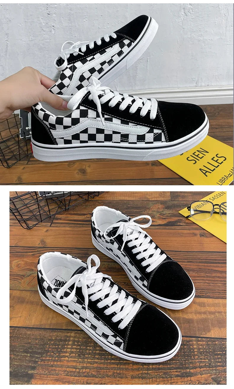 Zapatillas de lona a cuadros para hombre – Zapatos casuales ligeros con cordones
