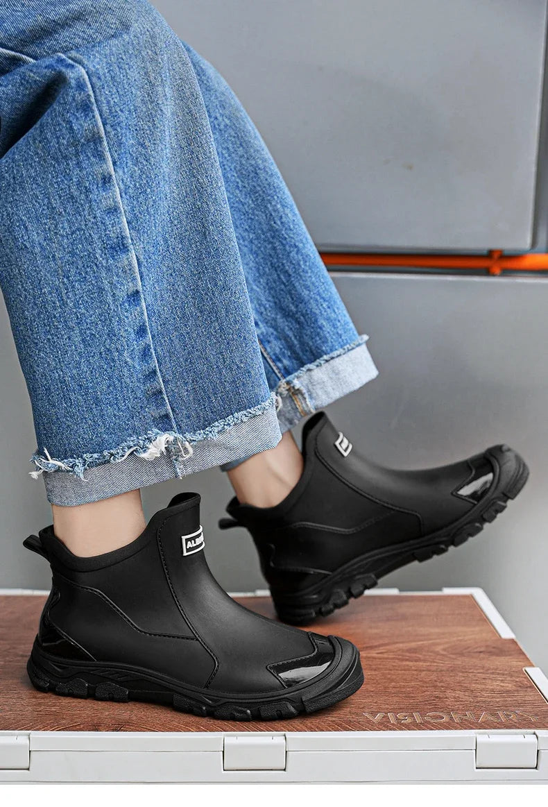 Botas de lluvia impermeables de PVC para hombre – Zapatos de trabajo antideslizantes para exteriores, estilo botín sin cordones
