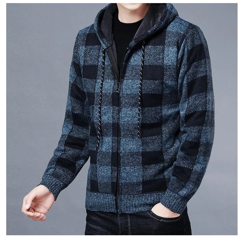 Veste en polaire tricotée à carreaux Loom & Soul pour homme – Cardigan d'hiver de luxe à capuche