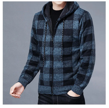 Veste en polaire tricotée à carreaux Loom & Soul pour homme – Cardigan d'hiver de luxe à capuche