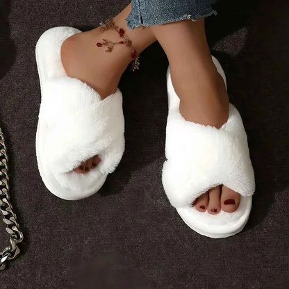 Cross Strap Faux Fur Slippers – Cozy Plush Home Comfort