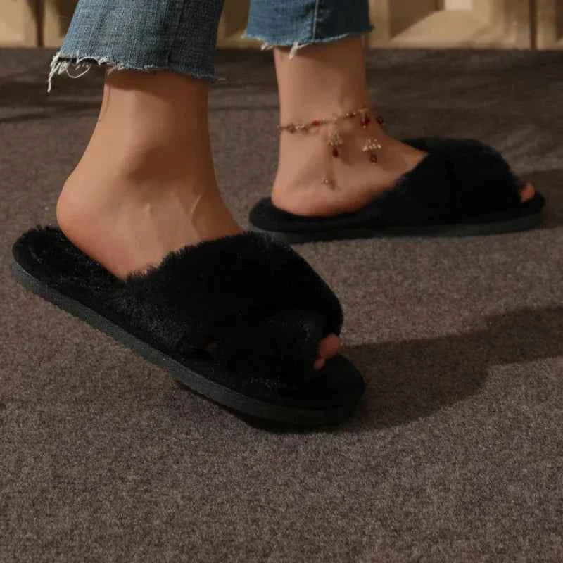 Cross Strap Faux Fur Slippers – Cozy Plush Home Comfort