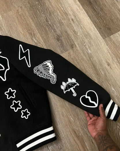 Chaqueta bordada gótica Y2K Loom & Soul – Abrigo de moto hip-hop oversized