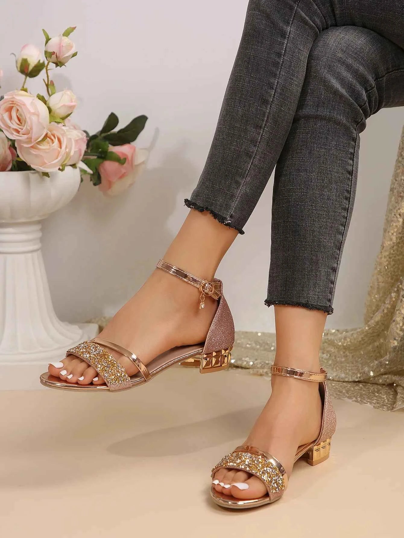 Luxe Gold & Silver Heeled Sandals – Elegant Open Toe Style