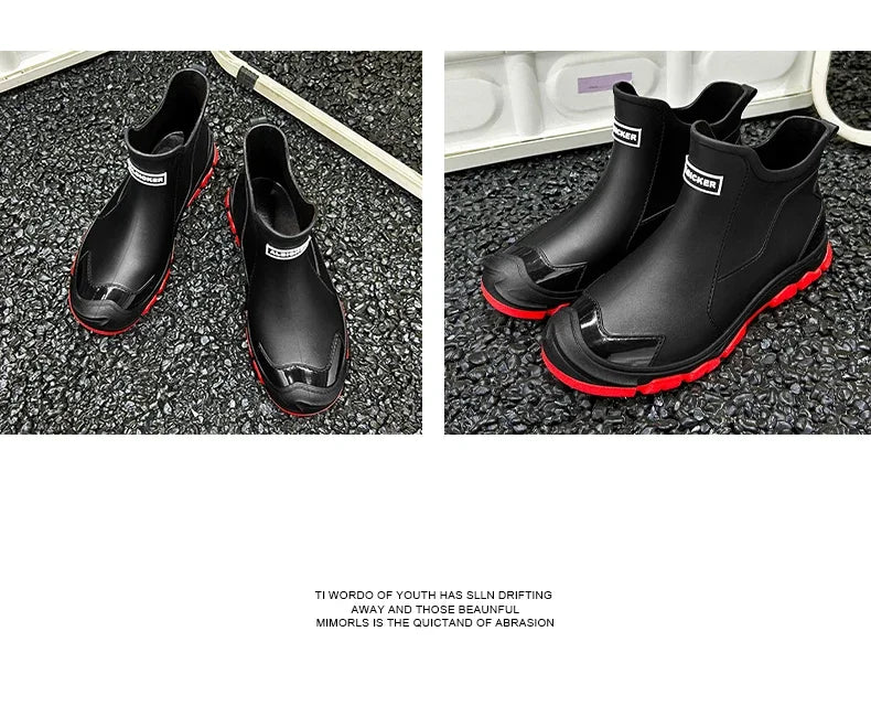 Botas de lluvia impermeables de PVC para hombre – Zapatos de trabajo antideslizantes para exteriores, estilo botín sin cordones