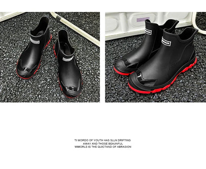 Botas de lluvia impermeables de PVC para hombre – Zapatos de trabajo antideslizantes para exteriores, estilo botín sin cordones