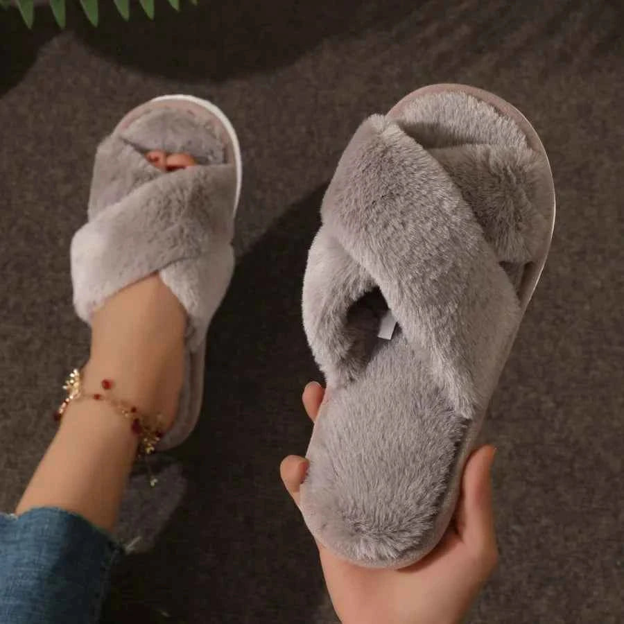 Cross Strap Faux Fur Slippers – Cozy Plush Home Comfort