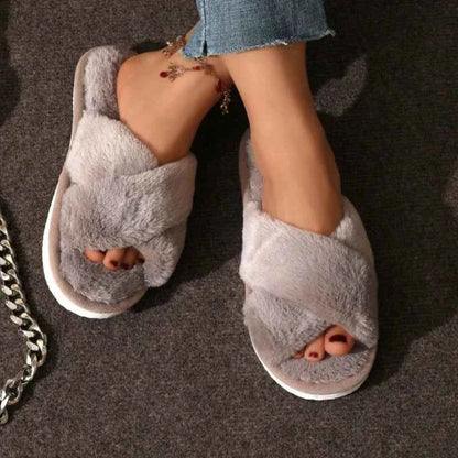 Cross Strap Faux Fur Slippers – Cozy Plush Home Comfort