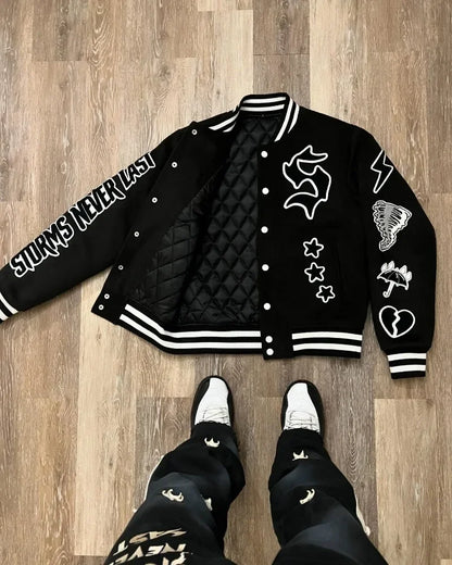 Chaqueta bordada gótica Y2K Loom & Soul – Abrigo de moto hip-hop oversized