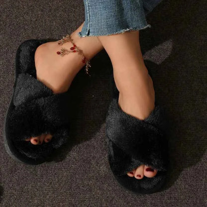 Cross Strap Faux Fur Slippers – Cozy Plush Home Comfort