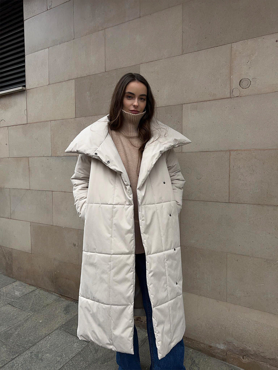 Abrigo de invierno con solapa grande para mujer Loom & Soul™ – Chaqueta larga acolchada de algodón cálido con cinturón y bolsillos
