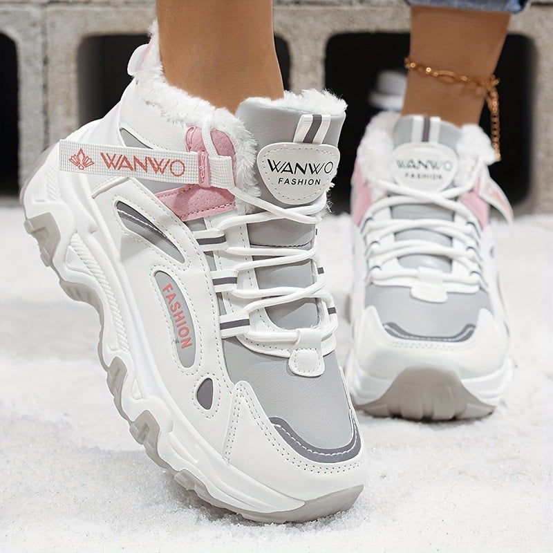 Botas de Nieve de Vellón Acogedoras para Mujer – Zapatos de Invierno Blancos y Azules con Suela Gruesa Antideslizante